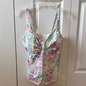 Floral Twist-Front Women's Tankini Top - White with Pink & Teal